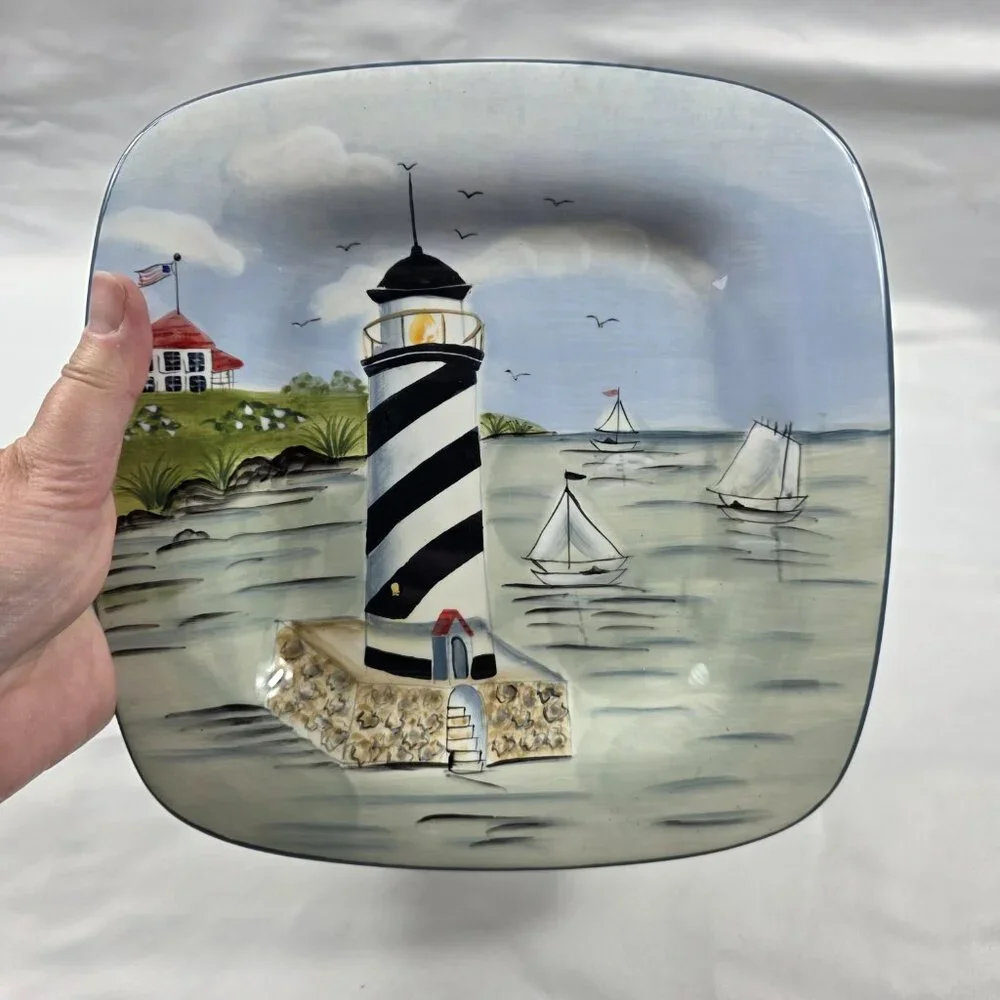 TWO Sakura Nantucket Shoreline Square Salad Plates Lighthouses, Birds Grass